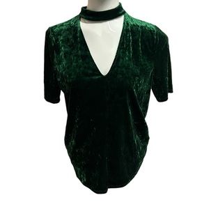 Emerald green velvet deep v neck choker strap keyhole back short sleeve blouse
